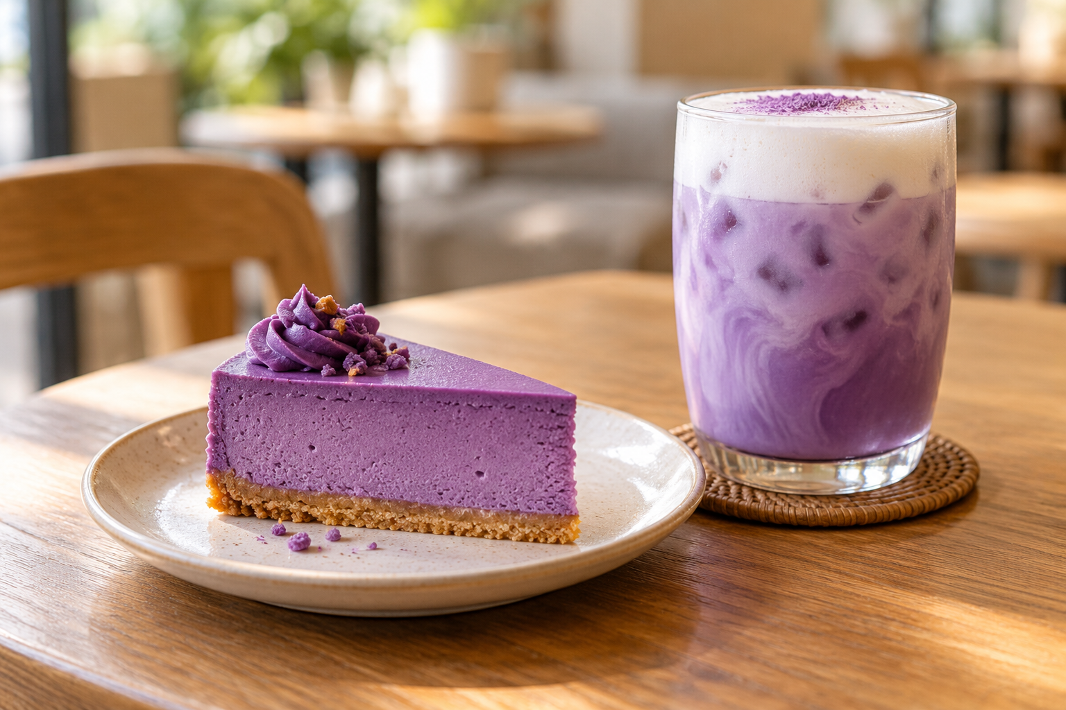 紫色のチーズケーキとラテが並ぶ、架空のカフェの生成イメージ
